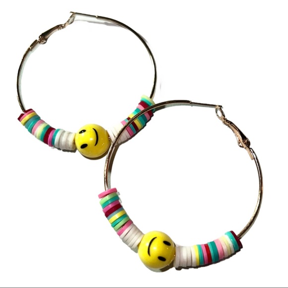 Oh Happy Day, Gold Hoop Smiley Face Colorful Beaded Earrings - Picture 5 of 11